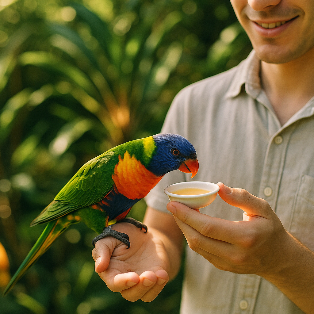 A person feeding a colorful rainbow lorikeet at Currumbin Wildlife Sanctuary