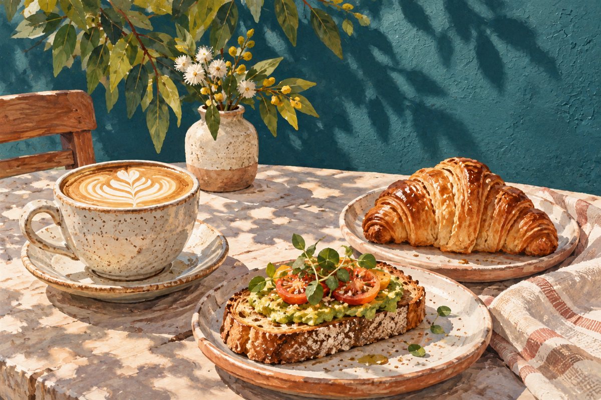 Illustration of coffee, toast and a croissant